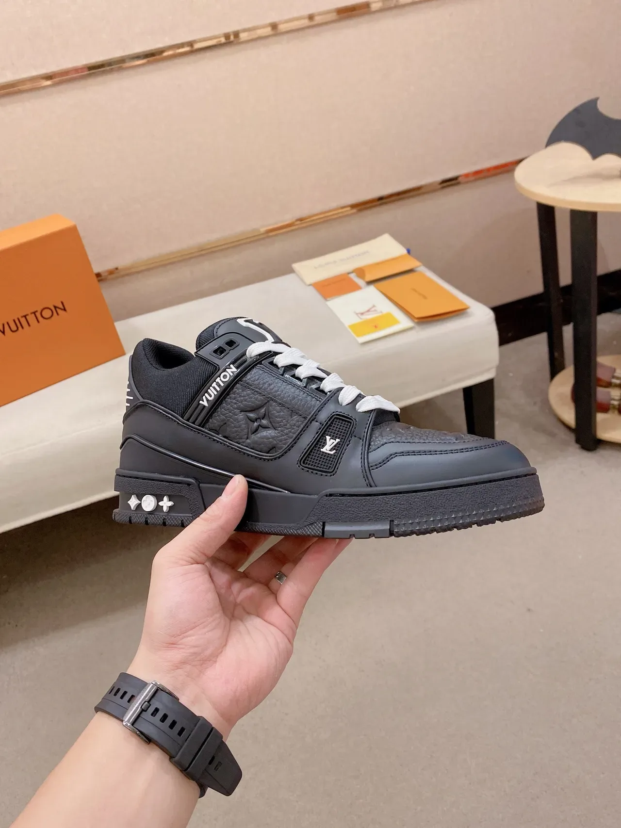 Louis Vuitton LV Trainer Black White Monogram-Embossed Leather Sculpted Chunky Sole Lifestyle Sneakers 5