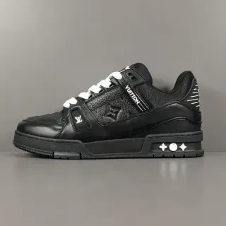 Louis Vuitton LV Trainer Preto Branco Cabedal Couro-Mesh Estruturado Tira Assimétrica com Logo Sneakers Lifestyle