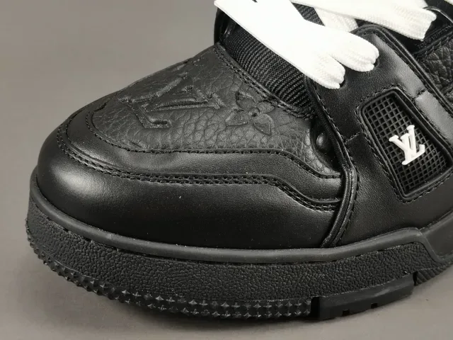 Louis Vuitton LV Trainer Black White Structured Leather-Mesh Upper Asymmetrical Branded Strap Lifestyle Sneakers 9