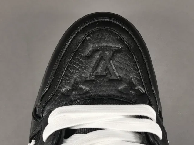 Louis Vuitton LV Trainer Black White Structured Leather-Mesh Upper Asymmetrical Branded Strap Lifestyle Sneakers 10