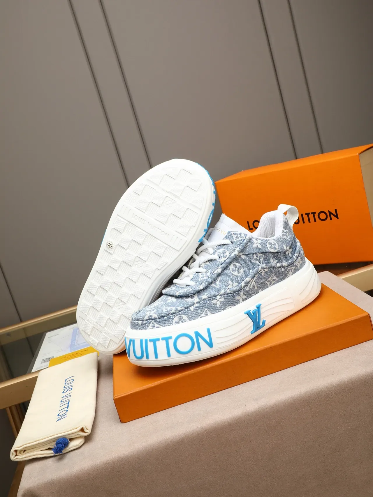 Louis Vuitton LV Trainer Blue White Denim Monogram Canvas Chunky Platform Sole Lifestyle Sneakers 4