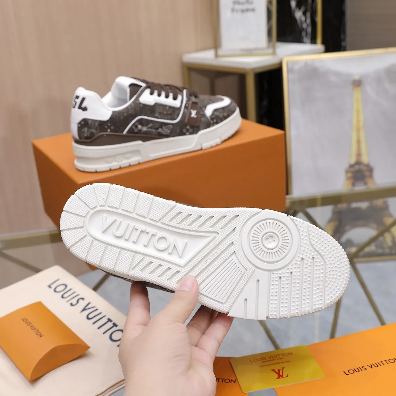 Louis Vuitton LV Trainer Brown White Monogrammed Textile Upper Plastic Cage Overlay Lifestyle Sneakers 3