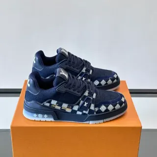 Louis Vuitton LV Trainer Azul Marinho Branco Superior Denim Painel Xadrez Sneakers Lifestyle
