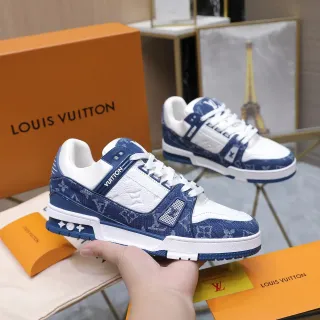 Louis Vuitton LV Trainer Navy White Monogrammed Denim-Textile Upper Leather Overlays Zapatillas Lifestyle