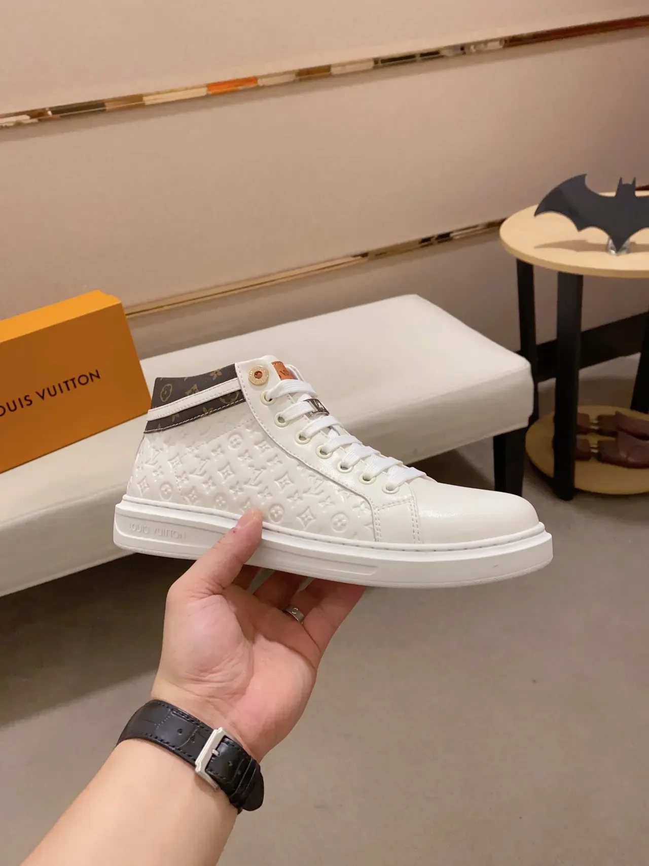 Louis Vuitton LV Trainer White Brown Embossed Monogram High-Top Lifestyle Sneakers 4