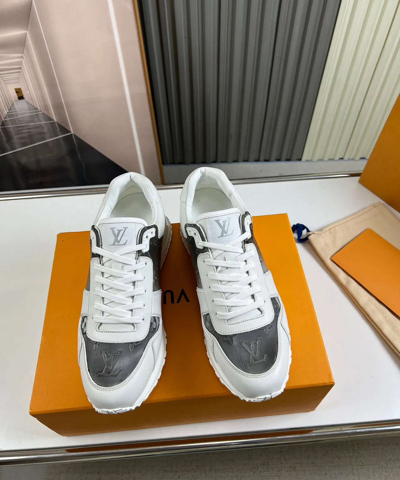 Louis Vuitton LV Trainer White Gray Monogrammed Leather Layered Panel Construction Lifestyle Sneakers 9