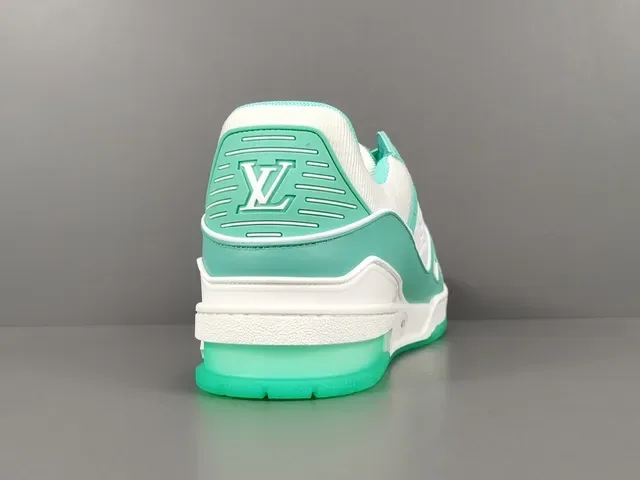 Louis Vuitton LV Trainer Branco e Verde Camada de Couro e Têxtil Superior Alça Larga Marca Lifestyle Sneakers 14