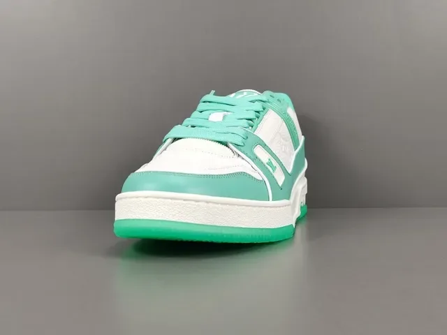 Louis Vuitton LV Trainer Branco e Verde Camada de Couro e Têxtil Superior Alça Larga Marca Lifestyle Sneakers 15