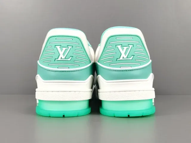Louis Vuitton LV Trainer Branco e Verde Camada de Couro e Têxtil Superior Alça Larga Marca Lifestyle Sneakers 17