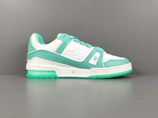 Louis Vuitton LV Trainer Branco e Verde Camada de Couro e Têxtil Superior Alça Larga Marca Lifestyle Sneakers 18