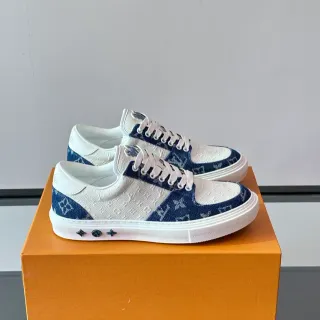 Louis Vuitton LV Trainer Tênis Lifestyle Branco Azul Marinho Monograma Tela Couro Contraste