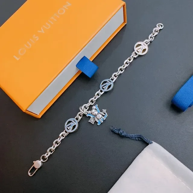 Louis Vuitton Monogram Bear Charm Silver Chain Bracelet 6