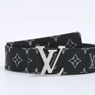 Louis Vuitton Monogram Belt काला चांदी चमकाया हुआ LV बकल चमड़े की बेल्ट