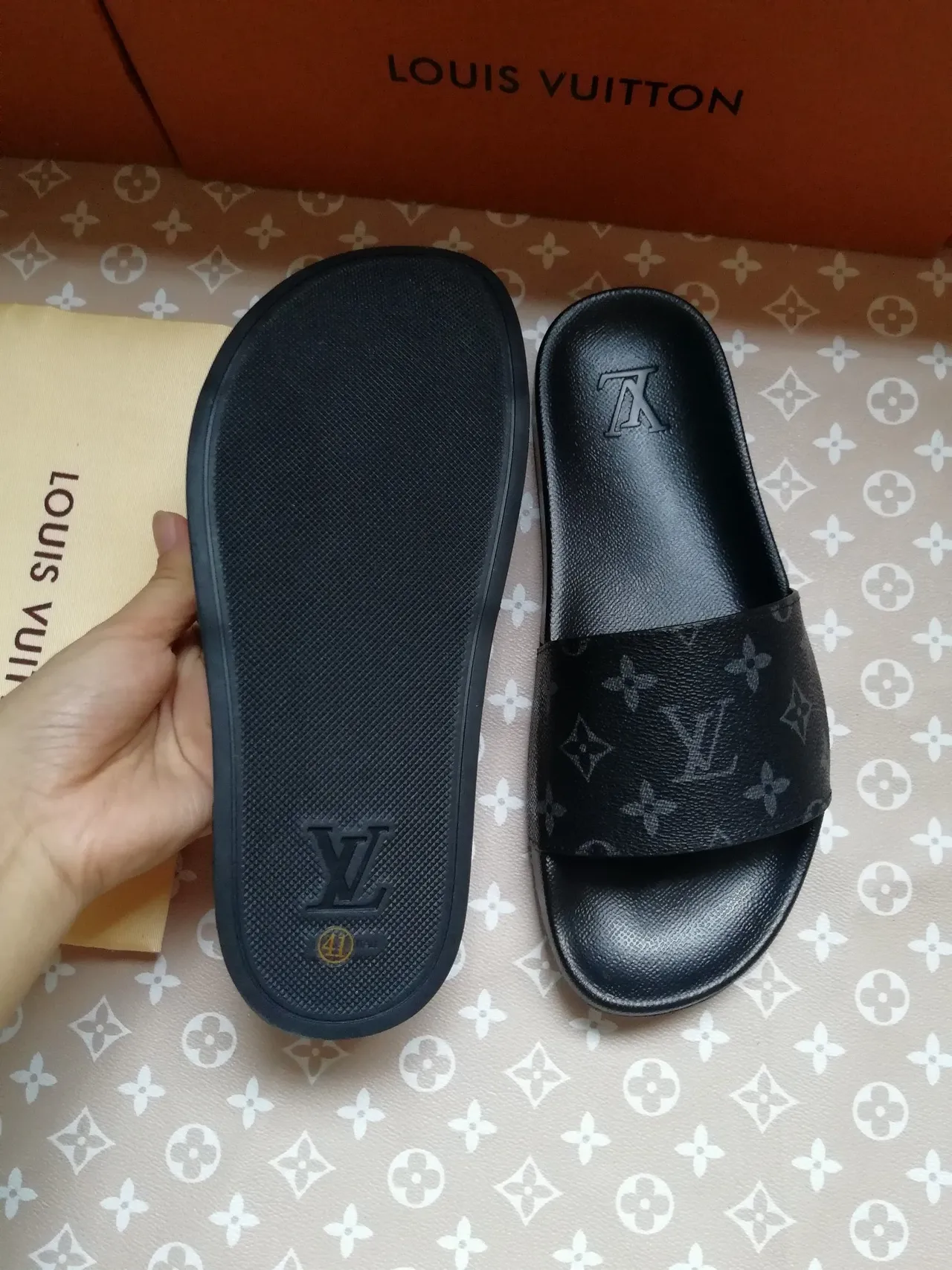 Louis Vuitton Monogram-Coated Leather Black Slide Slippers 2