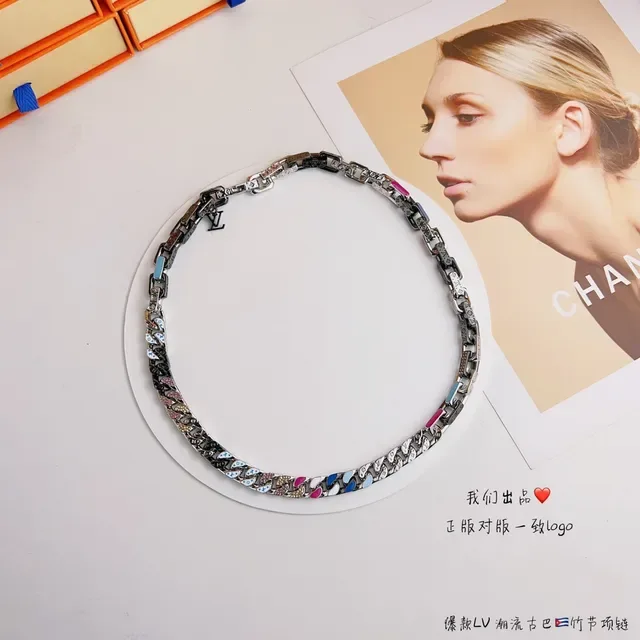 Louis Vuitton Multicolor Silver Chunky Curb-Link Chain Enamel Inlays Necklace 1
