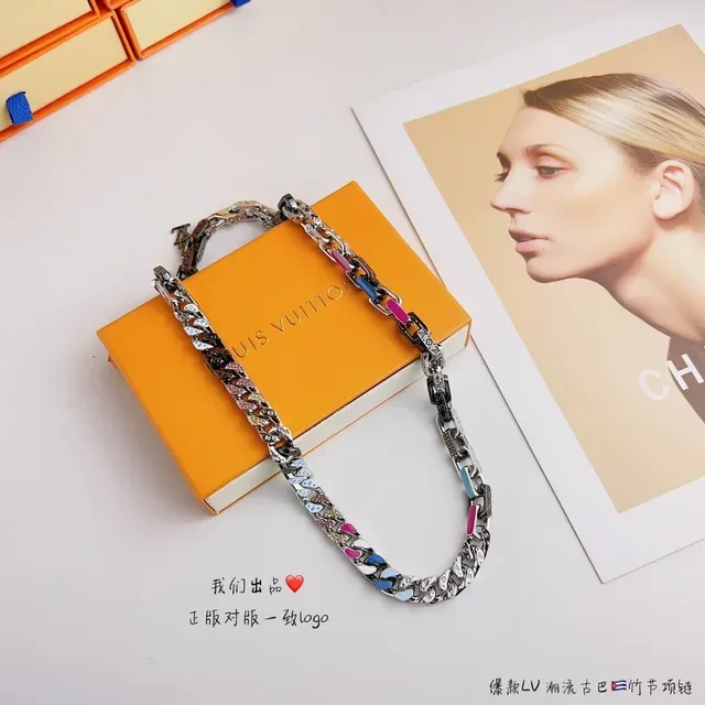 Louis Vuitton Multicolor Silver Chunky Curb-Link Chain Enamel Inlays Necklace 6