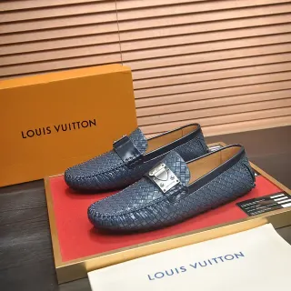 Louis Vuitton 海军蓝 米色 编织皮革 金属扣 乐福鞋