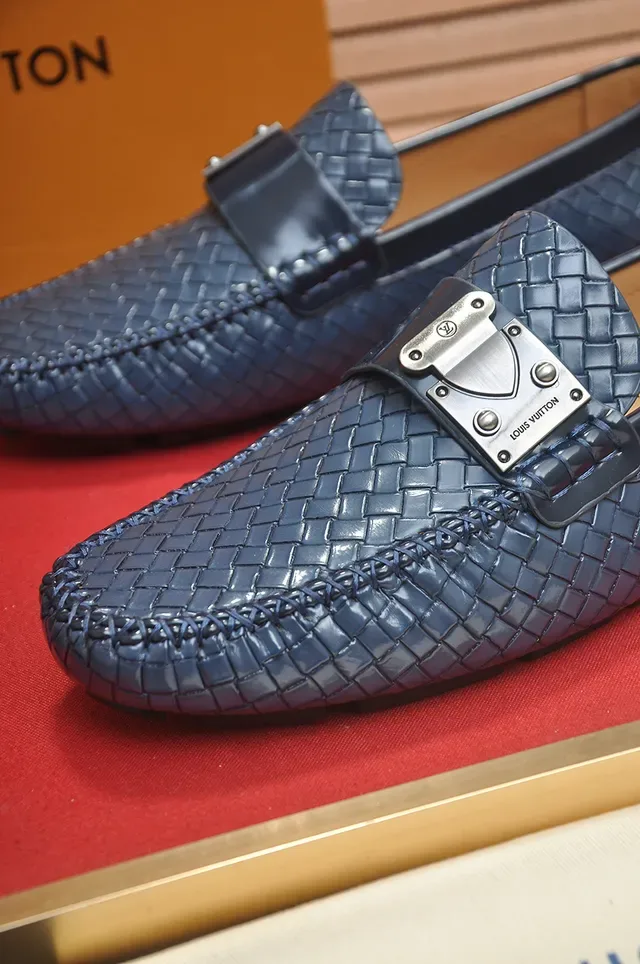 Louis Vuitton Navy Beige Woven Leather Metal Buckle Loafer 2