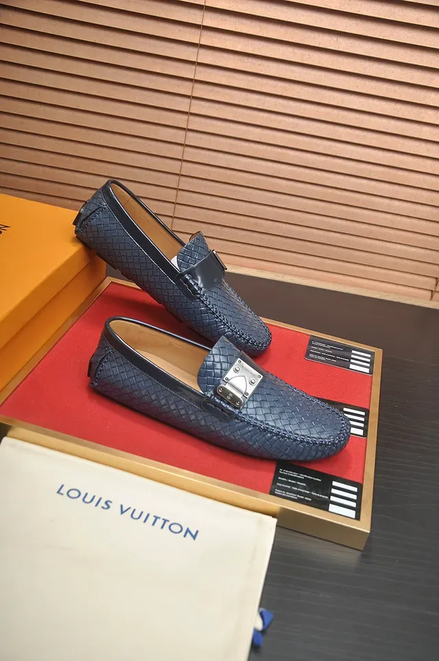 Louis Vuitton Navy Beige Woven Leather Metal Buckle Loafer 4