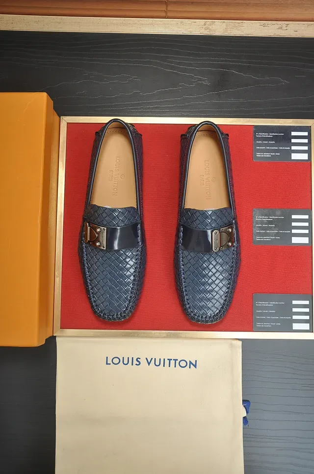 Louis Vuitton Navy Beige Woven Leather Metal Buckle Loafer 5