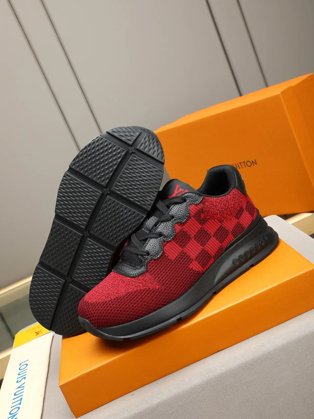 Louis Vuitton Red Black Knit Damier-Pattern Upper Leather Wave-Trimmed Collar Lifestyle Sneakers 4