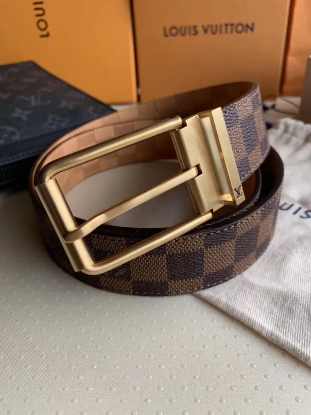 लुइस विट्टोन दोहरा बेल्ट भूरा स्वर्ण Damier Ebène कैनवास चमड़ा बेल्ट 5