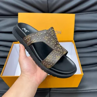 Louis Vuitton Run Away 穆勒鞋 棕色 黑色 印花 帆布 铆钉 带 拖鞋