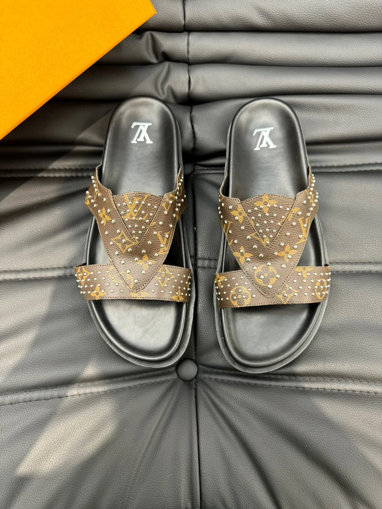 Louis Vuitton Run Away Slide Brown Black Monogram Canvas Studded Straps Slippers 2