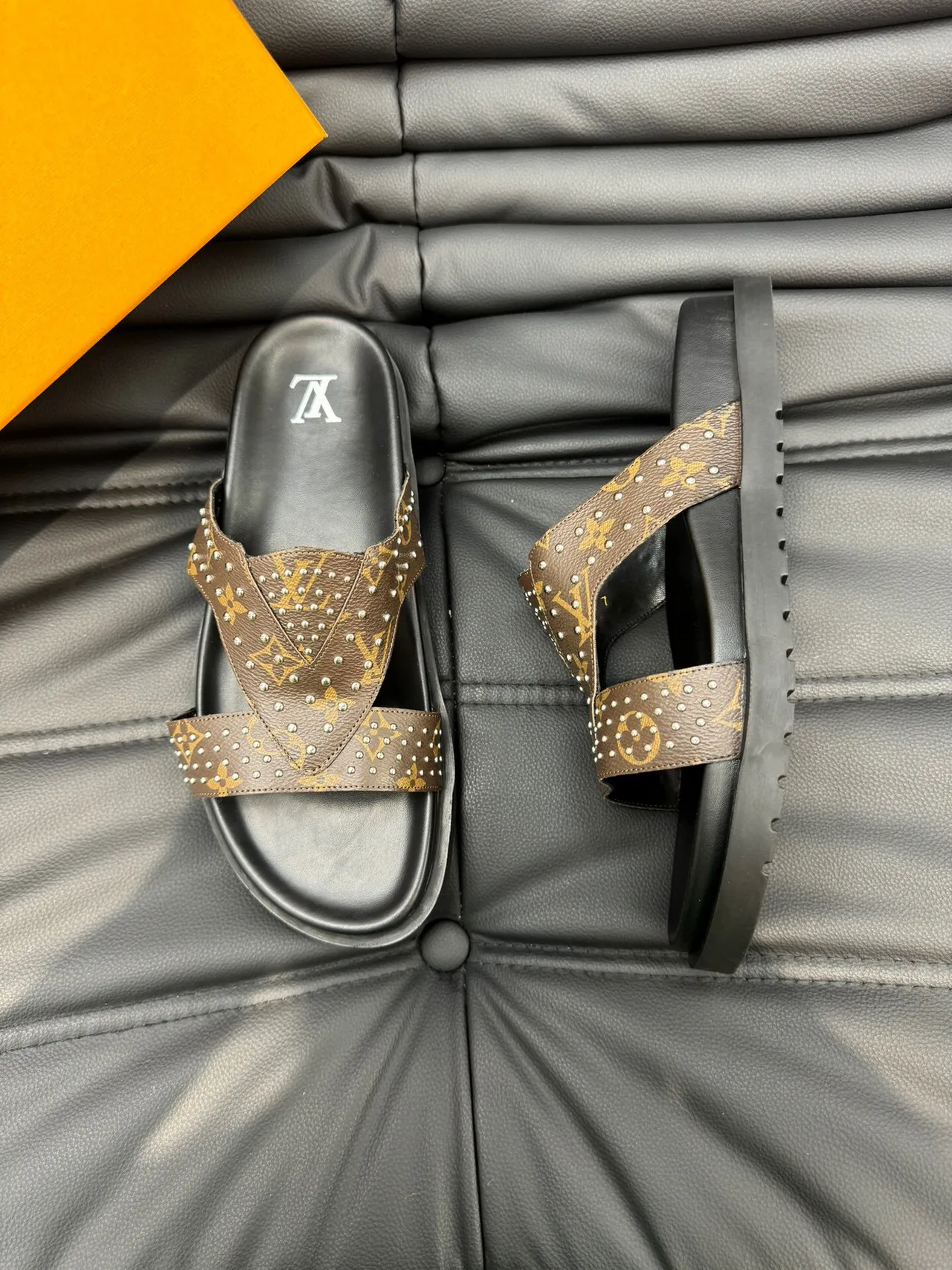 Louis Vuitton Run Away Slide Brown Black Monogram Canvas Studded Straps Slippers 3