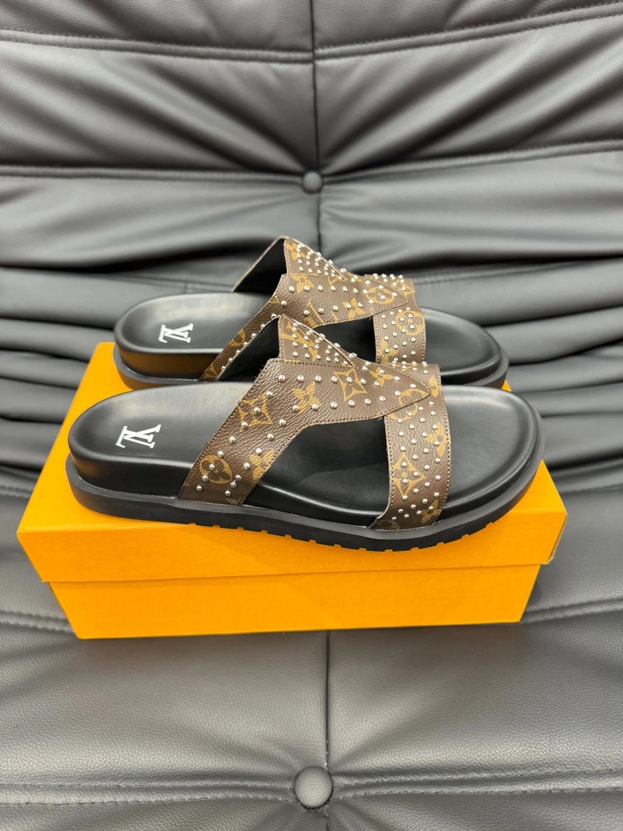 Louis Vuitton Run Away Slide Brown Black Monogram Canvas Studded Straps Slippers 4