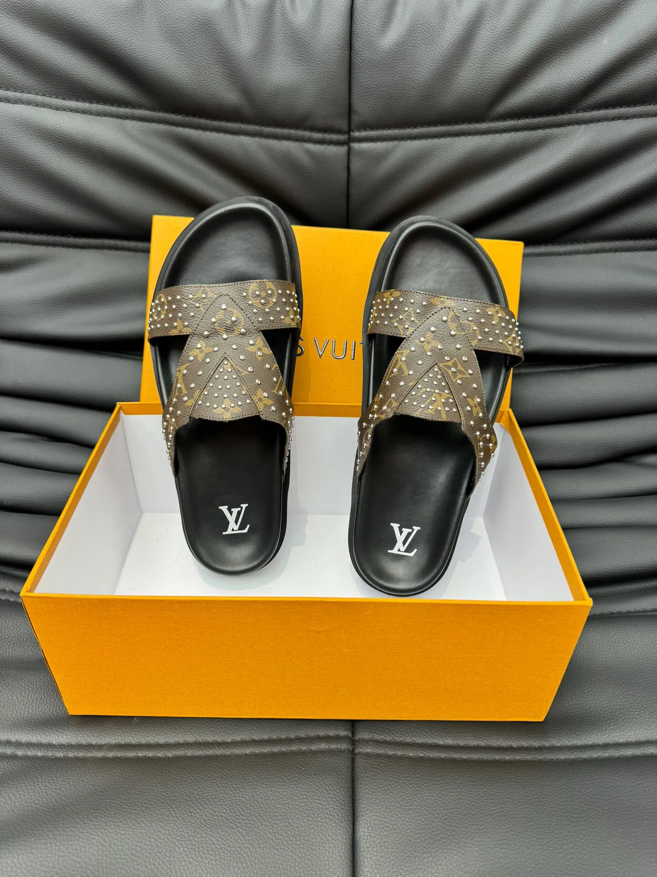 Louis Vuitton Run Away Slide Brown Black Monogram Canvas Studded Straps Slippers 5