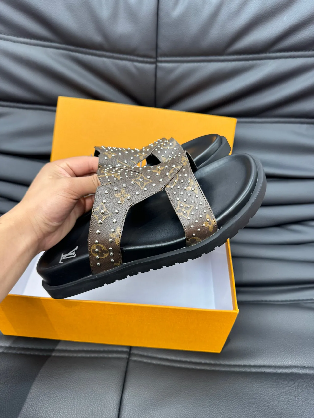 Louis Vuitton Run Away Slide Brown Black Monogram Canvas Studded Straps Slippers 6