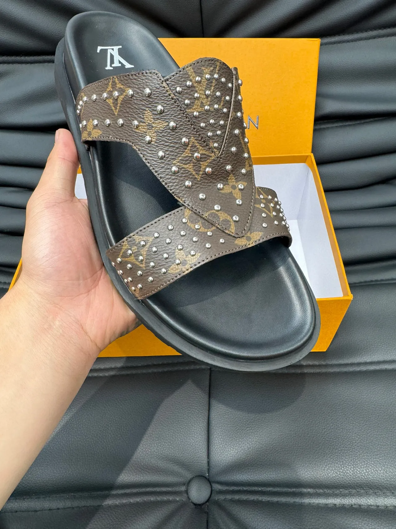 Louis Vuitton Run Away Slide Brown Black Monogram Canvas Studded Straps Slippers 7