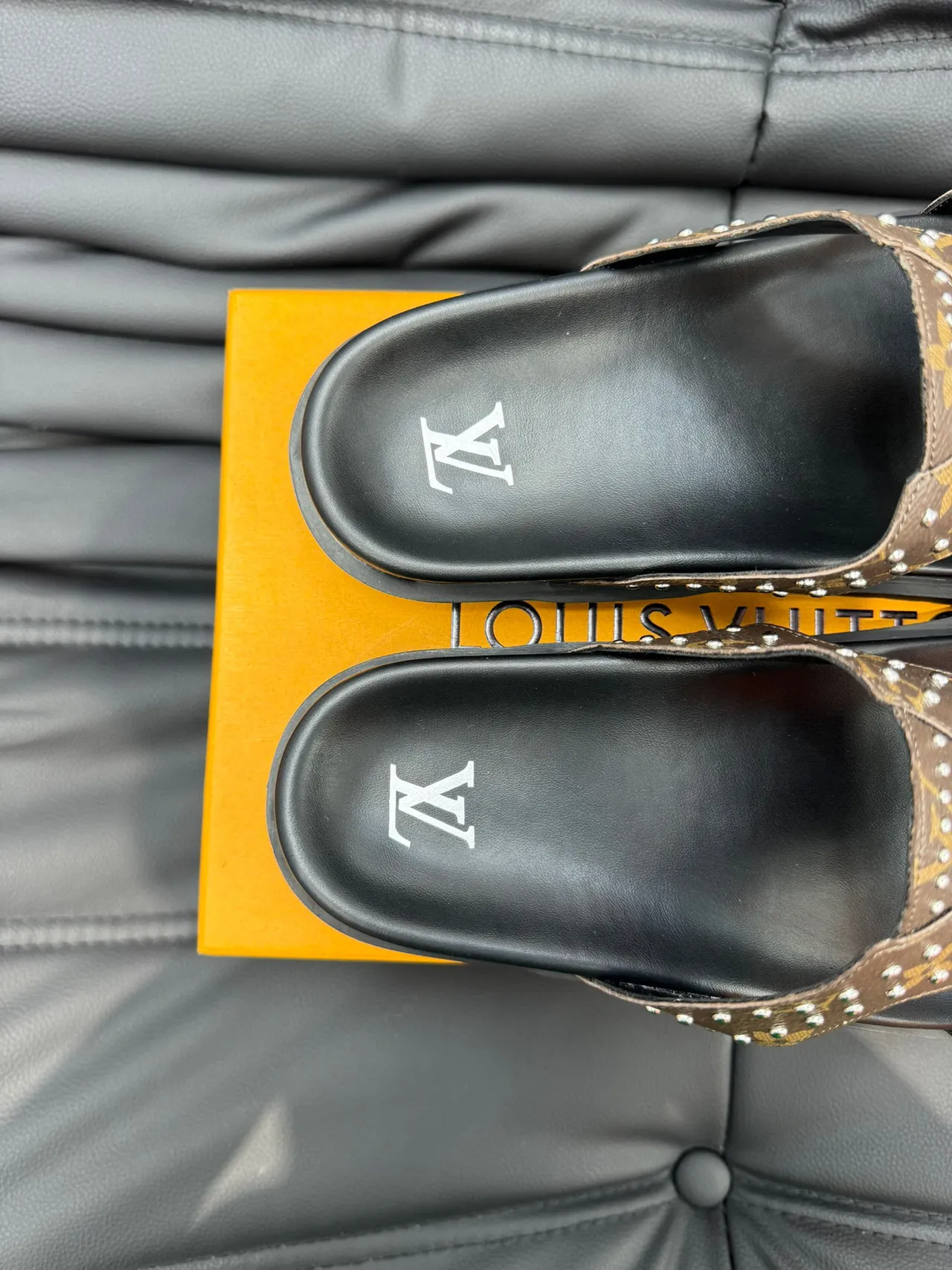 Louis Vuitton Run Away Slide Brown Black Monogram Canvas Studded Straps Slippers 8