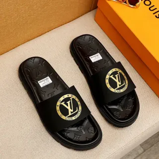 Louis Vuitton Slide 黑色金色模制花纹鞋底宽带拖鞋