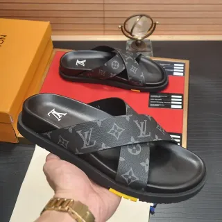 路易威登 Monogram 帆布 黑色灰色 交叉带拖鞋