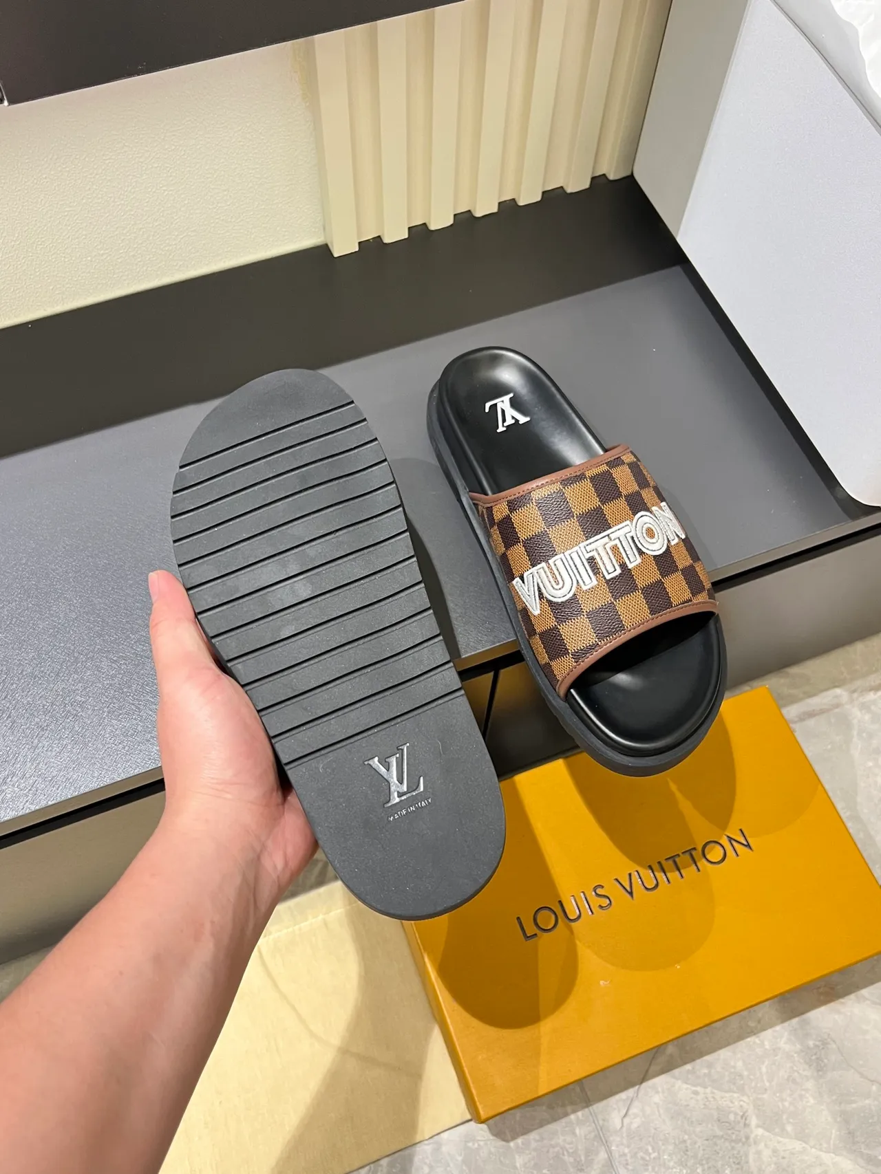 Louis Vuitton Slide Brown Beige Damier Check Strap Bold Logo Lettering Slippers 2
