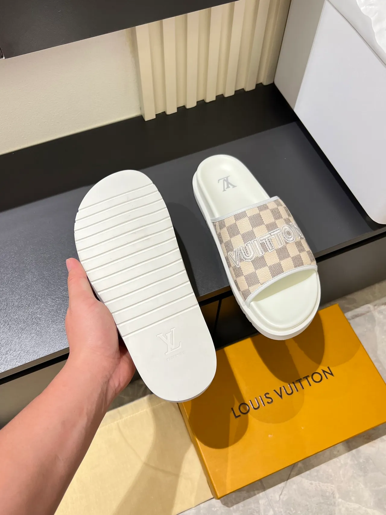 Louis Vuitton Slide Brown Beige Damier Check Strap Bold Logo Lettering Slippers 3