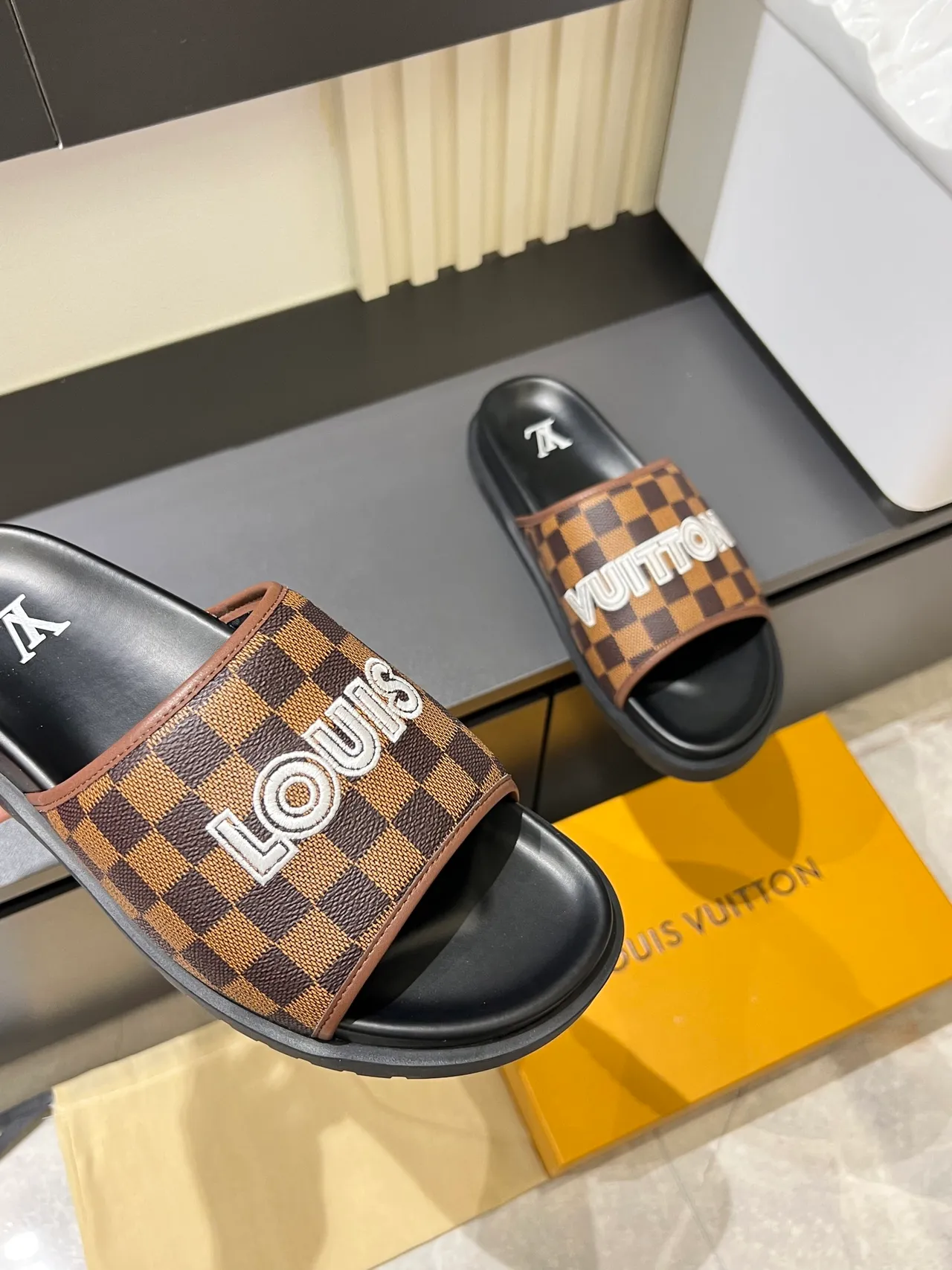 Louis Vuitton Slide Brown Beige Damier Check Strap Bold Logo Lettering Slippers 4