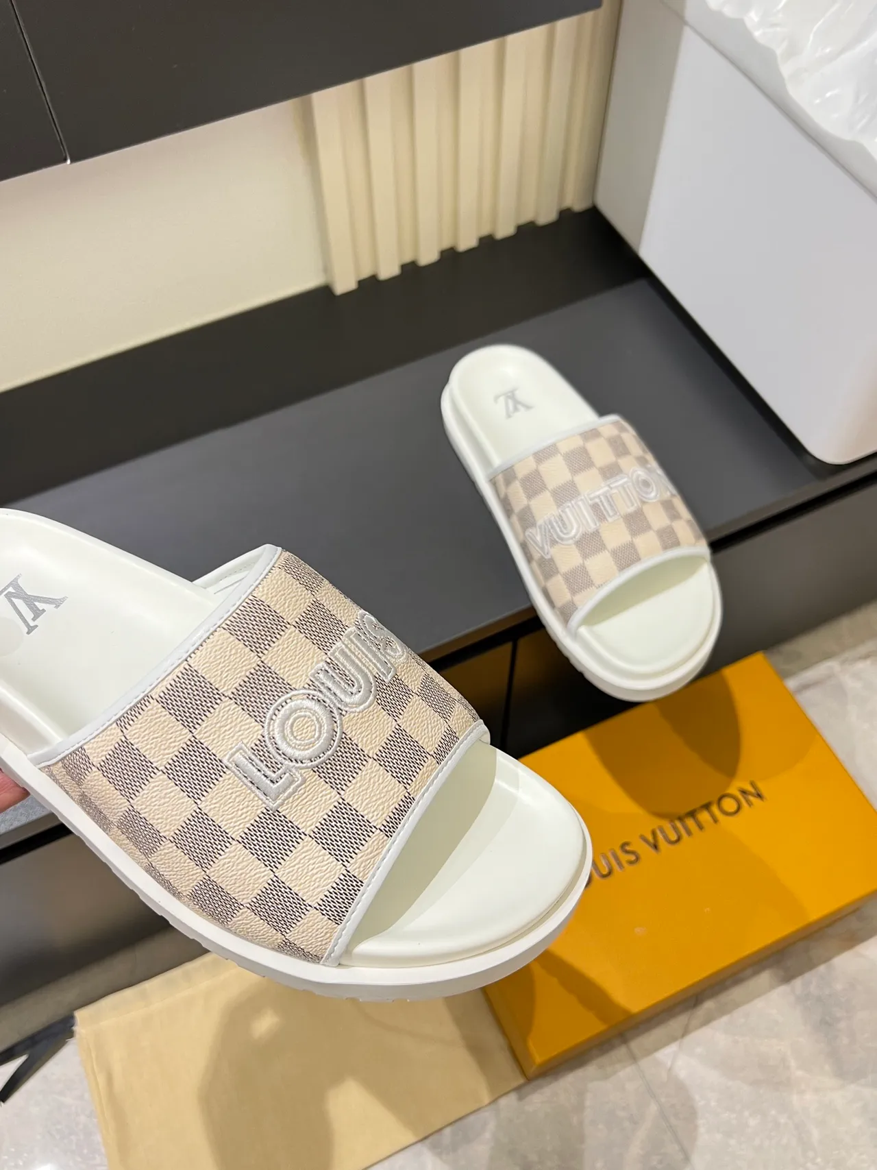 Louis Vuitton Slide Brown Beige Damier Check Strap Bold Logo Lettering Slippers 5
