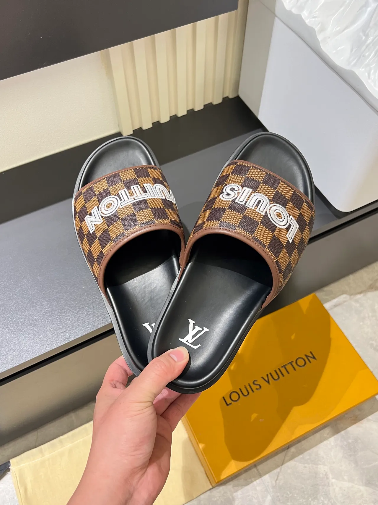 Louis Vuitton Slide Brown Beige Damier Check Strap Bold Logo Lettering Slippers 7