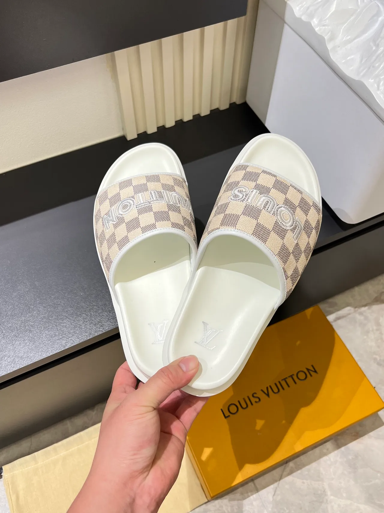 Louis Vuitton Slide Brown Beige Damier Check Strap Bold Logo Lettering Slippers 8