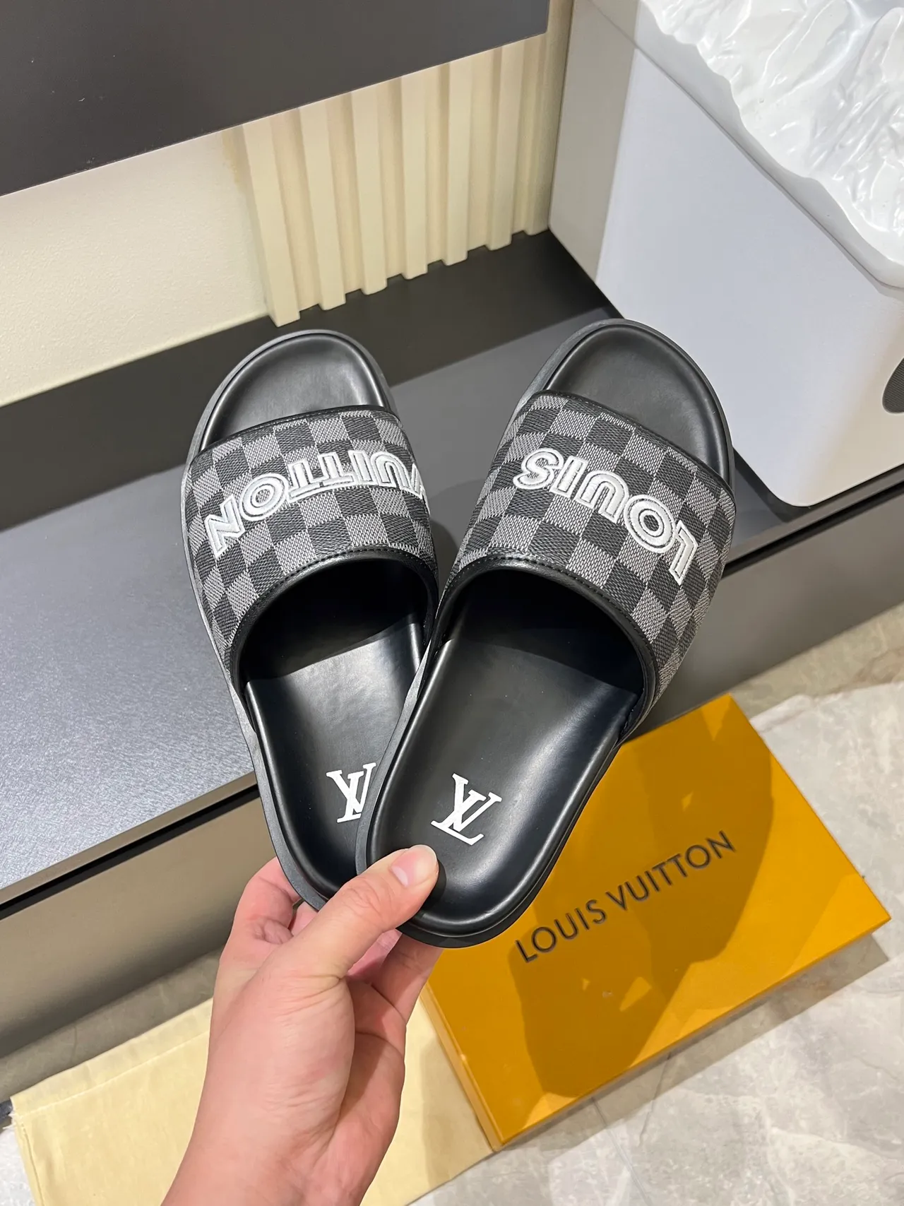 Louis Vuitton Slide Brown Beige Damier Check Strap Bold Logo Lettering Slippers 9