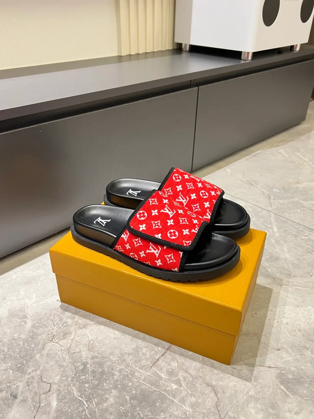Louis Vuitton Slides Multicolor Black Monogrammed Fabric Strap Molded Rubber Sole Slippers 13