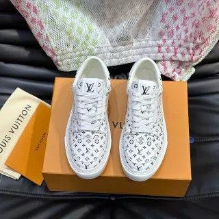 Louis Vuitton Zapatillas Lifestyle Blancas Negras de Cuero con Monograma Impreso Low-Top con Cordones