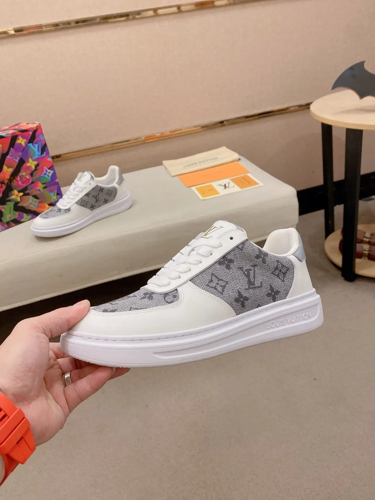 Louis Vuitton White Gray Monogram Textile Panel Leather Toe Cap Lifestyle Sneakers 3