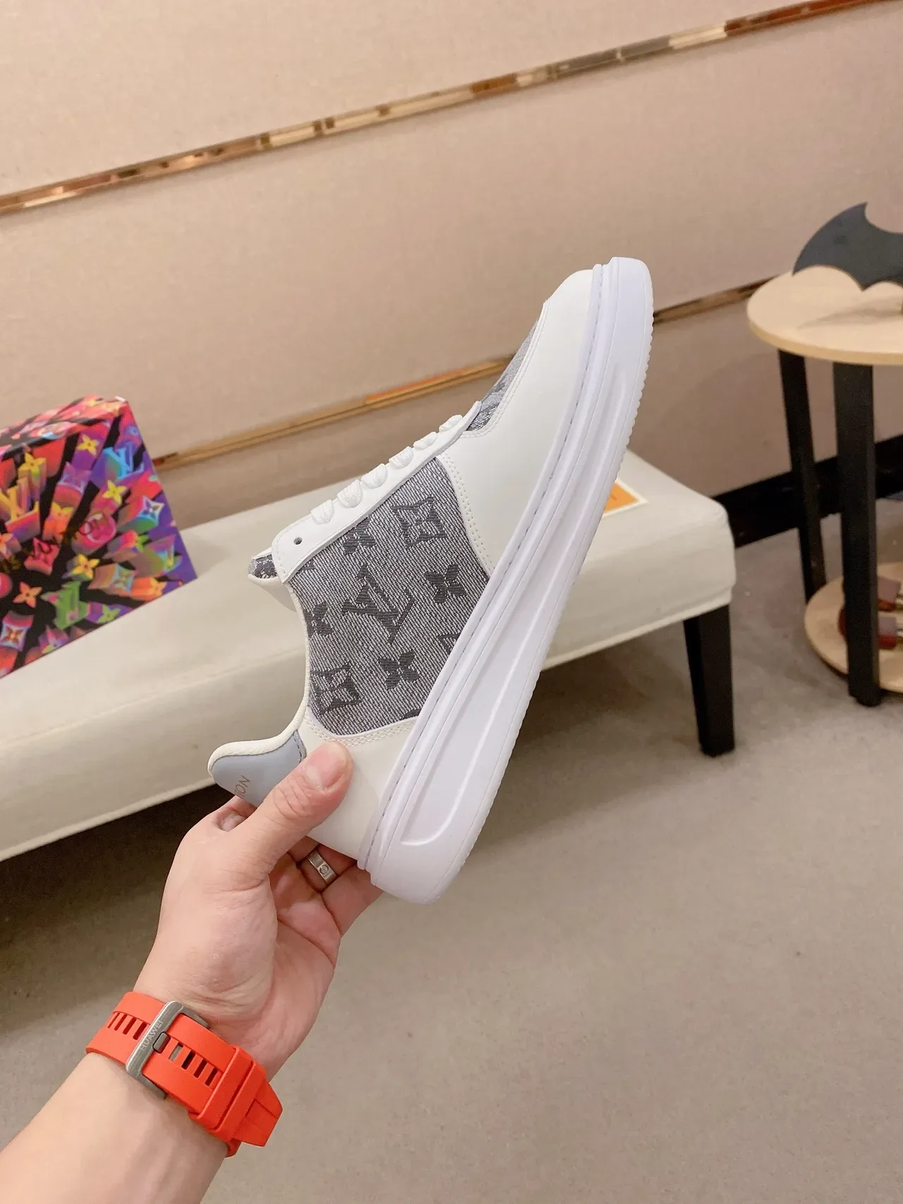 Louis Vuitton White Gray Monogram Textile Panel Leather Toe Cap Lifestyle Sneakers 5