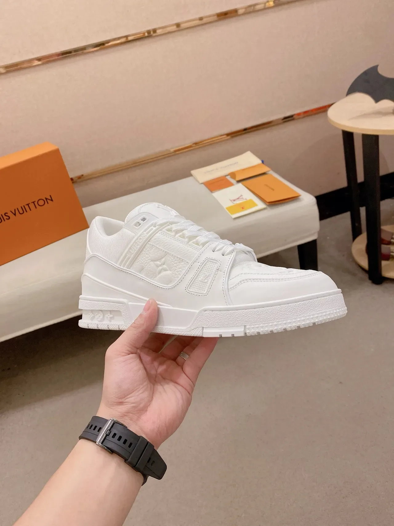 Louis Vuitton White Monogram-Embossed Leather Dual Strap Overlay Lifestyle Sneakers 4