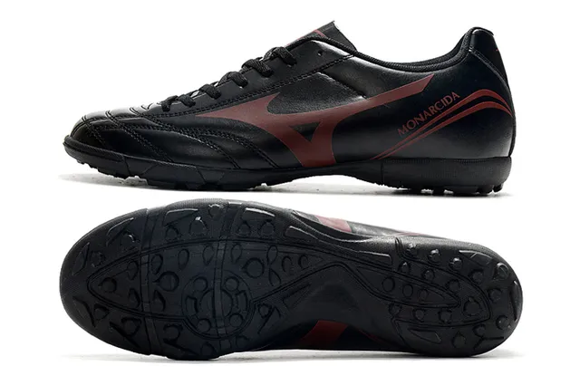 Mizuno Zapatos de fútbol indoor de cuero sintético negro y rojo, low-cut, con cordones y parte superior de cuero sintético 6