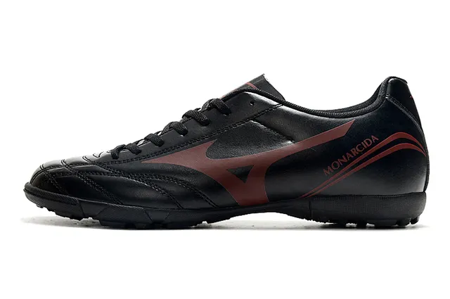 Mizuno Zapatos de fútbol indoor de cuero sintético negro y rojo, low-cut, con cordones y parte superior de cuero sintético 7